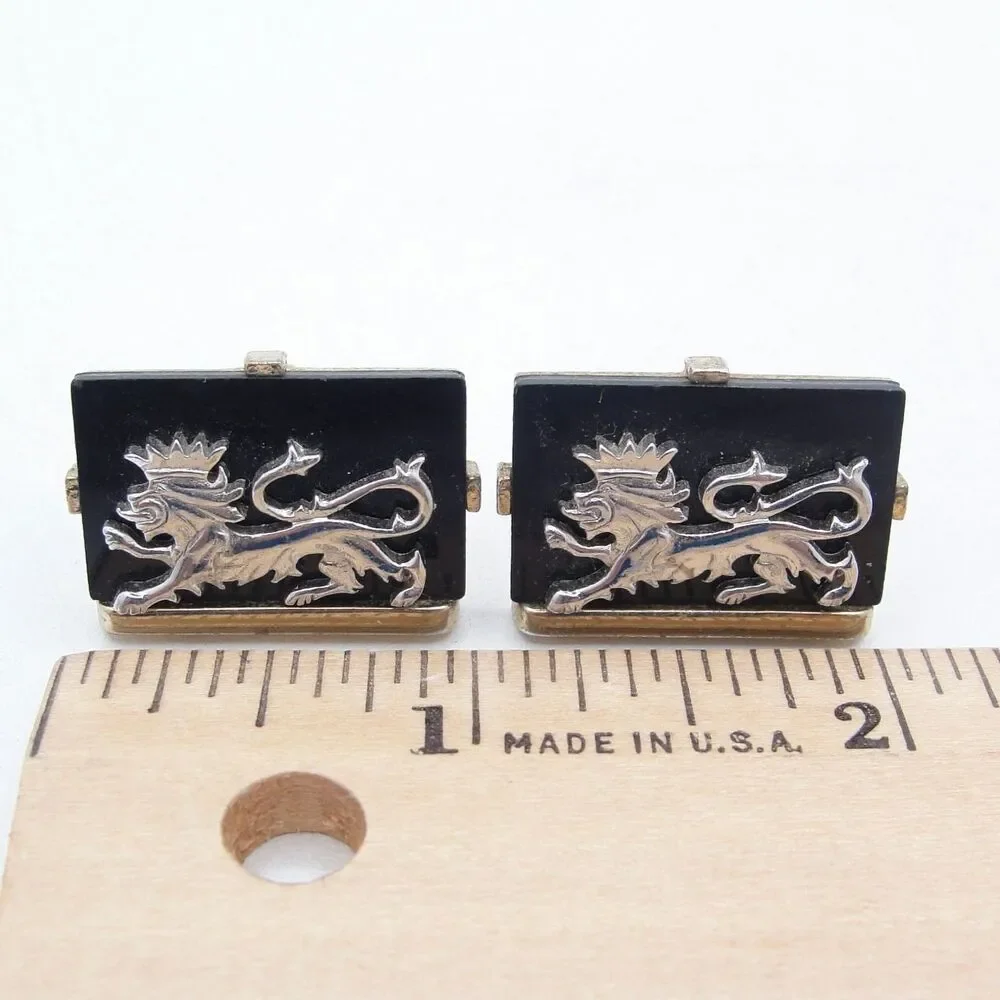 Vintage Swank Lion Cufflinks Heraldic Crowned Black Onyx Silver Gold Tone MCM
